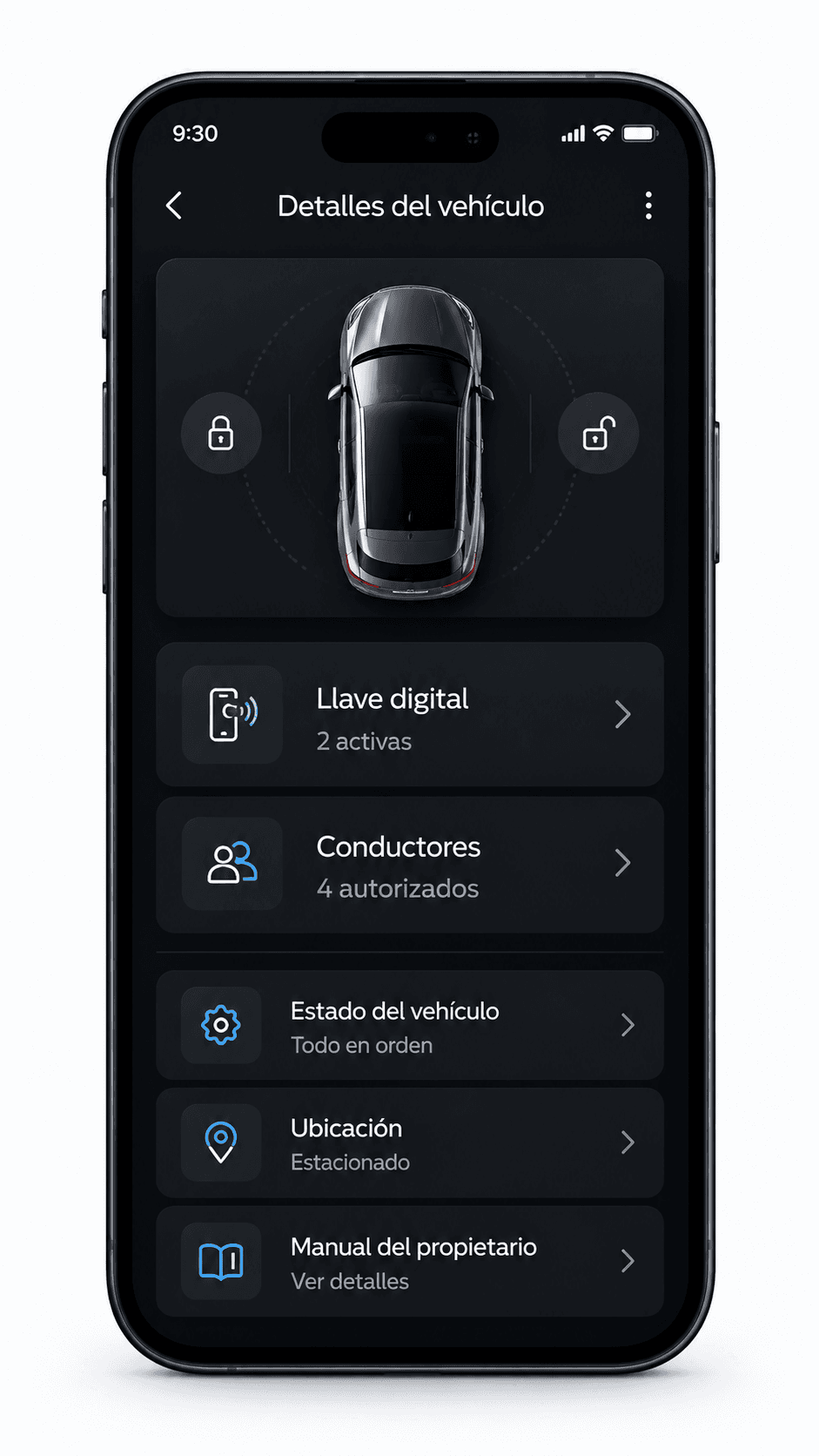 Pantalla de la Ford App: Servicios conectados