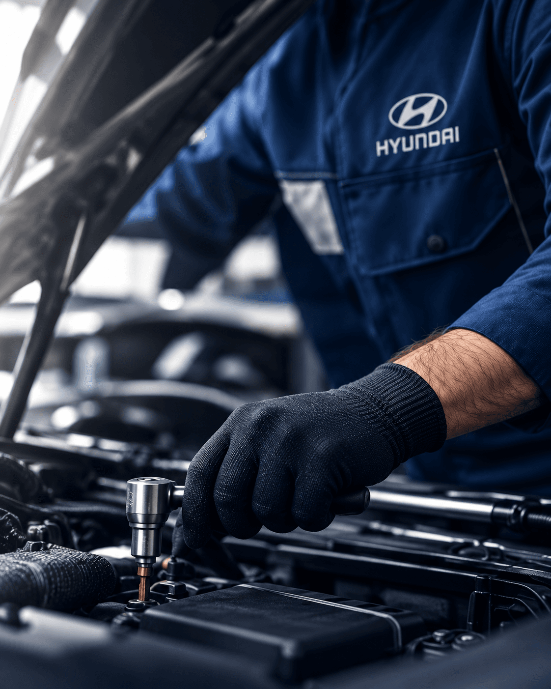 Técnico de Hyundai realizando mantenimiento del motor